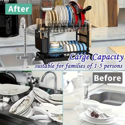2-Tier Dish Drying Rack with Detachable Drainer & Utensil Holder f