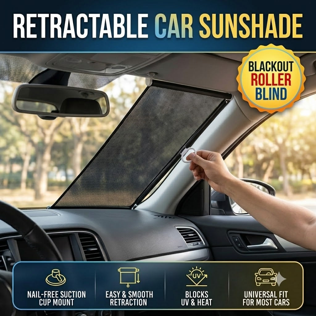 Retractable Car Window Sunshade – Nail-Free Suction Cup Blackout Roller Blind